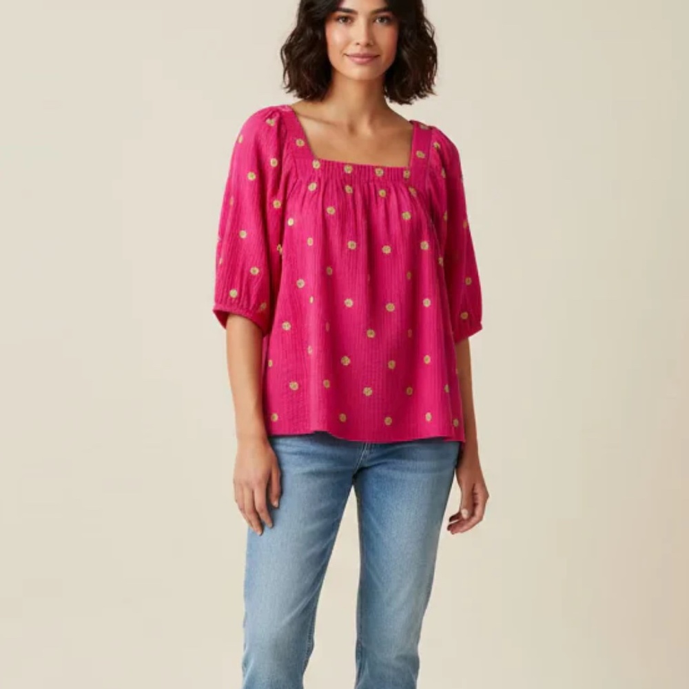 NWT Ivy Jane Hot Pink Textured Cotton Embroidered Top